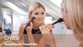  Presentation with cosmetics - Theme featuring young professional businesswoman applying makeup cosmetics early morning at home bathroom background and a coral colored foreground