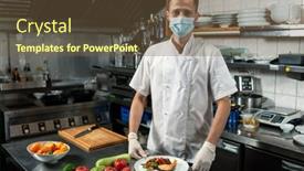  Presentation with white plate - Slide set with young-professional-chef-in-white background and a tawny brown colored foreground