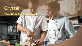  Presentation with cook chef - Cool new slides with young-professional-chef-with-knife backdrop and a tawny brown colored foreground