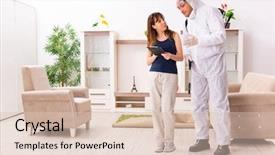  Presentation with contractor - Cool new presentation design with bug spray - young professional contractor doing pest backdrop and a lemonade colored foreground