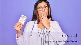  Presentation with pharmaceutical - Slide set with young-professional-doctor-woman-holding background and a light blue colored foreground