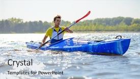  Presentation with active lifestyle - PPT theme enhanced with young professional kayaker paddling kayak background and a light blue colored foreground