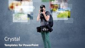  Presentation with blue professional - Theme having young professional male photographer holding cameras and taking pictures in front of a blue wall with pictures icons text information concept background and a ocean colored foreground