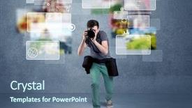  Presentation with blue professional - Slides enhanced with young professional male photographer holding cameras and taking pictures in front of a blue wall with pictures icons text information concept background and a ocean colored foreground
