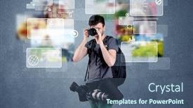  Presentation with blue professional - PPT theme featuring young professional male photographer holding cameras and taking pictures in front of a blue wall with pictures icons text information concept background and a ocean colored foreground