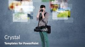  Presentation with blue professional - Slides with young professional male photographer holding cameras and taking pictures in front of a blue wall with pictures icons text information concept background and a ocean colored foreground