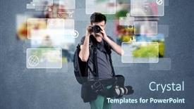  Presentation with blue professional - Amazing presentation having young professional male photographer holding cameras and taking pictures in front of a blue wall with pictures icons text information concept backdrop and a ocean colored foreground