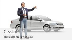  Presentation with car key - PPT theme having young-professional-man-holding background and a light gray colored foreground