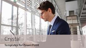  Presentation with professional - Slide deck enhanced with portrait dark blue navy - young professional man using laptop background and a light gray colored foreground