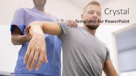  Presentation with blue professional - Presentation design with young professional masseur in blue uniform holding sick arm of patient while massaging it in clinics background and a soft green colored foreground