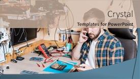  Presentation with gadget - Slide deck consisting of young professional master of gadget repair service talking to client on smartphone while looking through online requests in touchpad background and a soft green colored foreground