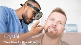  Presentation with blue professional - Colorful presentation design enhanced with young professional physician in blue uniform wearing special equipment on head while examining bearded patient in hospital backdrop and a coral colored foreground