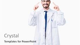  Presentation with thought - Slide set consisting of young professional scientist man wearing white coat over isolated background smiling pointing to head with both hands finger great idea or thought good memory background and a white colored foreground