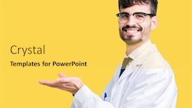  Presentation with hand palm - Presentation theme enhanced with young professional scientist man wearing white coat over isolated background pointing to the side with hand and open palm presenting ad smiling happy and confident background and a yellow colored foreground