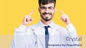  Presentation with great idea - Amazing presentation having young professional scientist man wearing white coat over isolated background smiling pointing to head with both hands finger great idea or thought good memory backdrop and a light blue colored foreground