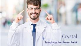  Presentation with thought - Slides having young professional scientist man wearing white coat over isolated background smiling pointing to head with both hands finger great idea or thought good memory background and a sky blue colored foreground