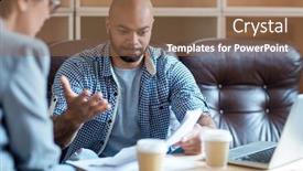  Presentation with professional data - Audience pleasing theme consisting of executive business negotiation skills - young professional with papers explaining backdrop and a coral colored foreground