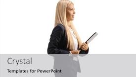  Presentation with professional - Presentation design enhanced with young-professional-woman-holding background and a light gray colored foreground
