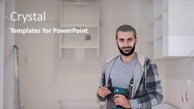  Presentation with drilling machine - Amazing PPT theme having young-professional-worker-preparing backdrop and a gray colored foreground