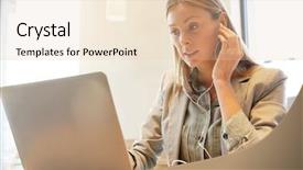  Presentation with computer science google crawler - PPT theme featuring young professional working with headphones background and a  colored foreground