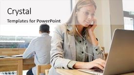  Presentation with headphones - Slide deck enhanced with young professional working with headphones background and a  colored foreground