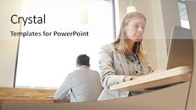  Presentation with headphones - Amazing PPT theme having young professional working with headphones backdrop and a  colored foreground