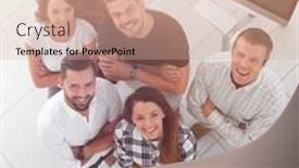  Presentation with desktop - Amazing slides having young professionals standing near the desktop backdrop and a coral colored foreground