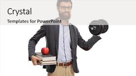  Presentation with professor - Presentation enhanced with young professor lifting a dumbbell background and a white colored foreground