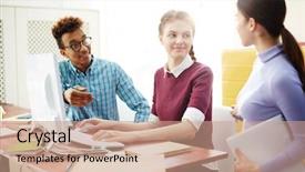  Presentation with three - Colorful presentation theme enhanced with young programmers discussing their new backdrop and a coral colored foreground