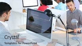  Presentation with working - PPT theme consisting of young programmers working in office background and a light blue colored foreground