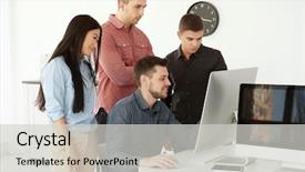  Presentation with young students working in groups - Audience pleasing slides consisting of young programmers working in office backdrop and a light gray colored foreground