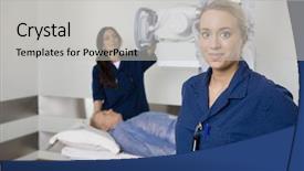  Presentation with radiologist - Audience pleasing PPT theme consisting of young radiologist standing while colleague taking patient's xray backdrop and a light gray colored foreground