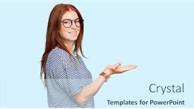  Presentation with woman hands open - Cool new PPT theme with young-read-head-woman-wearing backdrop and a sky blue colored foreground