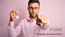  Presentation with pink business - Colorful presentation enhanced with young-real-estate-business-man backdrop and a soft green colored foreground