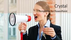  Presentation with realtor - Theme consisting of young realtor is with keys in an apartment she makes advertising with a megaphone background and a coral colored foreground