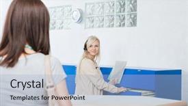  Presentation with young sing woman singing young - Presentation theme enhanced with young receptionist with reports looking background and a light blue colored foreground