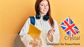  Presentation with happy young student girl holding - Presentation theme with young-red-head-girl-exchange background and a yellow colored foreground