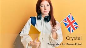  Presentation with student exchange - PPT theme with young-red-head-girl-exchange background and a yellow colored foreground