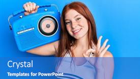  Presentation with vintage radio - Amazing PPT layouts having young-red-head-girl-holding backdrop and a teal colored foreground