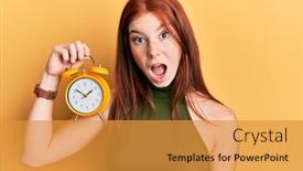  Presentation with clock face - Slides having young-red-head-girl-holding background and a gold colored foreground