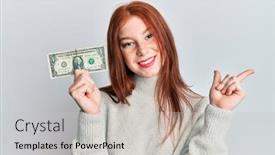  Presentation with head - Audience pleasing presentation theme consisting of young-red-head-girl-holding backdrop and a light gray colored foreground