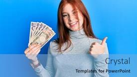  Presentation with head - PPT theme featuring young-red-head-girl-holding background and a light blue colored foreground