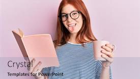  Presentation with coffee book - Beautiful PPT theme featuring young-red-head-girl-reading backdrop and a light blue colored foreground