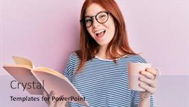  Presentation with coffee book - Beautiful theme featuring young-red-head-girl-reading backdrop and a light blue colored foreground