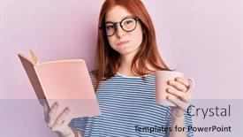  Presentation with coffee book - Audience pleasing presentation design consisting of young-red-head-girl-reading backdrop and a light blue colored foreground