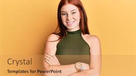  Presentation with head - Amazing PPT theme having young-red-head-girl-wearing backdrop and a yellow colored foreground