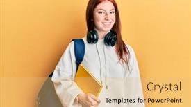  Presentation with happy young student girl holding - Colorful slides enhanced with young-red-head-girl-wearing backdrop and a yellow colored foreground