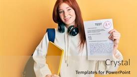  Presentation with head - Cool new presentation with young-red-head-girl-wearing backdrop and a coral colored foreground