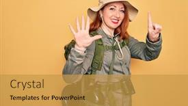  Presentation with hiking - Beautiful PPT theme featuring young-redhead-backpacker-woman-hiking backdrop and a gold colored foreground
