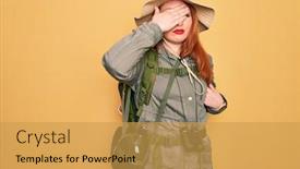  Presentation with sad woman - Beautiful presentation featuring young-redhead-backpacker-woman-hiking backdrop and a yellow colored foreground